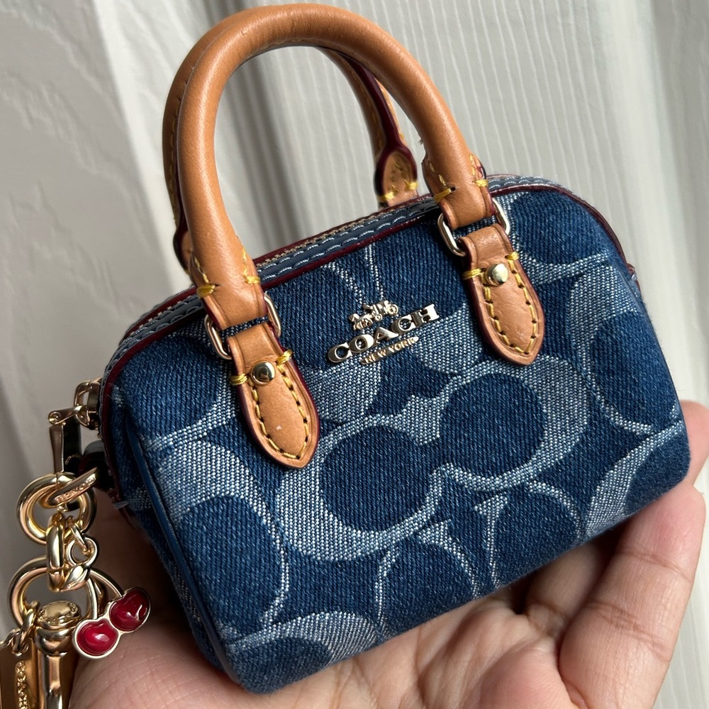 Coach Blue and Brown Mini Bag with Signature Monogram